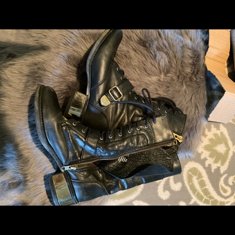 Black Leather Combat Boots With Golden Heels! Size 8